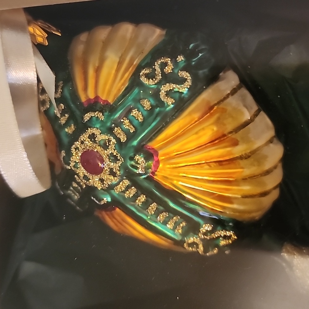 Beautiful blown glass ornament with cross and jewel green gold red sparkly vinta